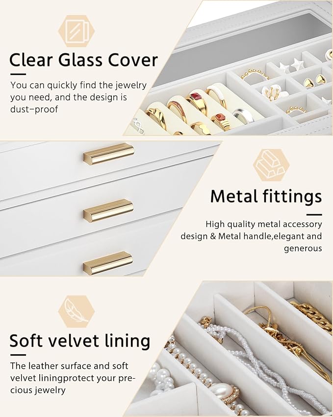 AKOZLIN Jewelry Box with Clear Lid Functional Leather Jewelry Storage Organizer Case 3 Drawers for Women Girls Necklace Ring Bracelet Earring