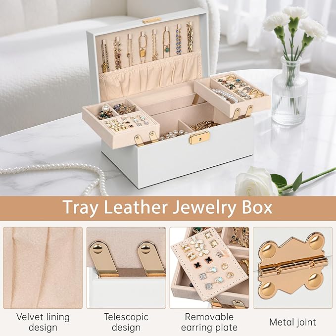 AKOZLIN Travel Jewelry Box Organizer Functional 2-trays Leather Jewelry Storage Case with Lockable Portable for Women Girls Ring Necklace Earring Bracelet