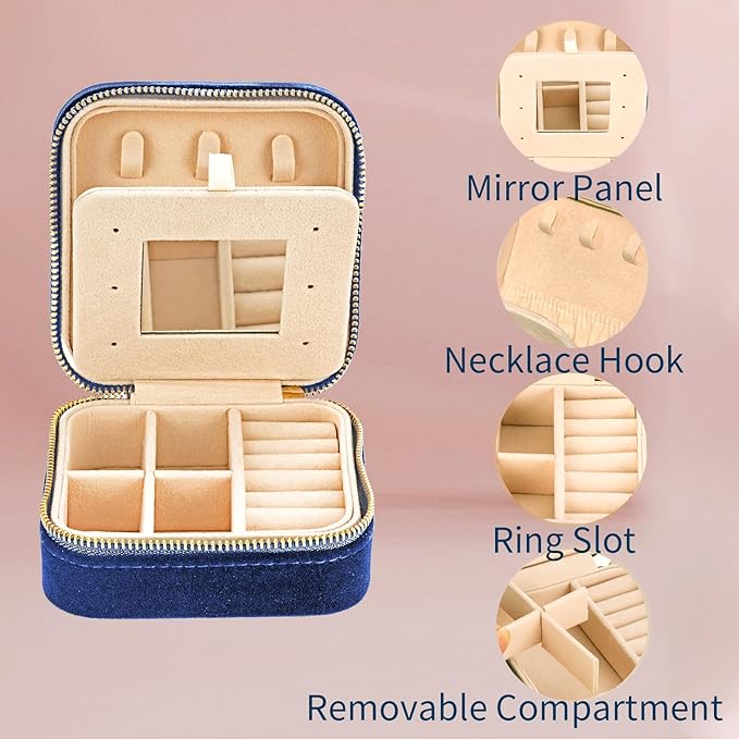 Smileshe Travel Velvet Jewelry Box with Mirror, Mini Gifts Case for Women Girls, Small Portable Organizer Boxes for Rings Earrings Necklaces Bracelets