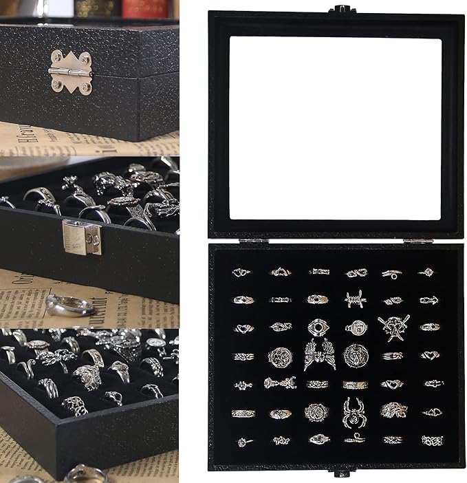Pangkeep Ring Organizer Display Case,Black Jewelry Storage Tray Boxes for Multiple Rings,Glass Lid,Stackable. (42 Slots)