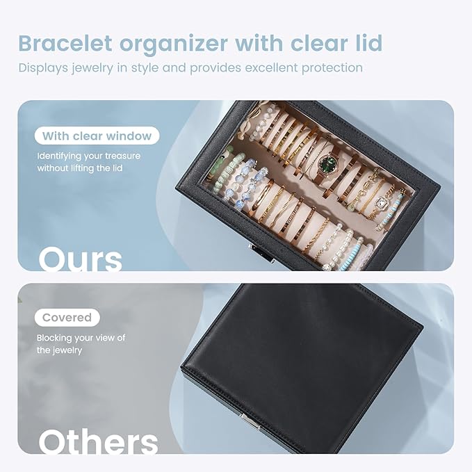 Lolalet Bracelet Display Holder with Rods for Bangles Watches, Clear Lid Jewelry Organizer Box Storage Case for Mothers Day Gifts -Black, 2 Rolls
