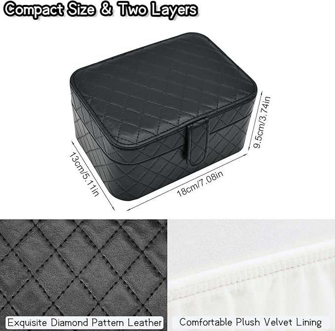 Jewelry Travel Case, 2-Layer Jewelry Box Organizer Medium Jewelry Travel Box, Portable Faux Leather Jewellery Storage Boxes with Argyle for Women, Daily Jewellery Case Home Use (Pure black)