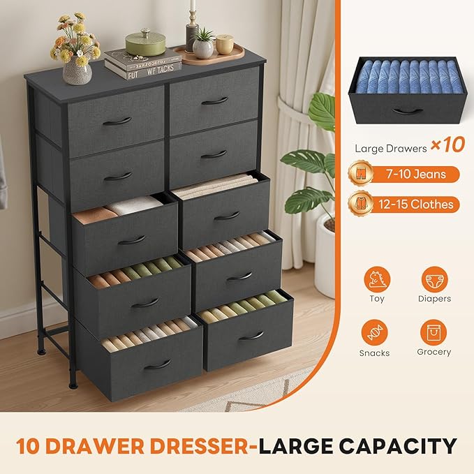 Sweetcrispy 10 Drawer Dresser, Tall Fabric Dresser for Bedroom, Storage Tower with Bins Chest Organizer Unit for Closet, Hallway, Steel Frame Wood Top, Easy Pull Handle, Grey