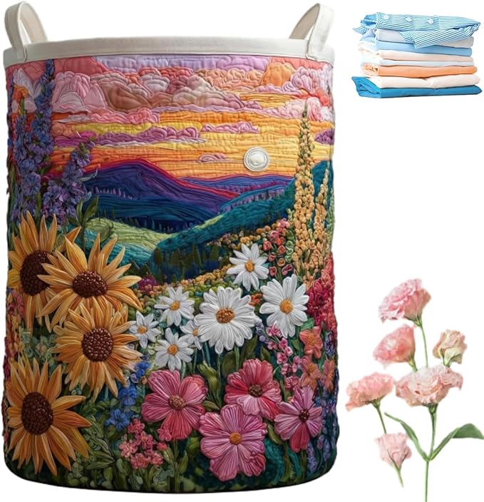Quilted Laundry Basket with Handles, Boho Floral Fabric Storage Hamper, Large Soft Quilted Laundry Basket for Nursery, Bedroom, Laundry Room,Clothes & Toys (K, M)