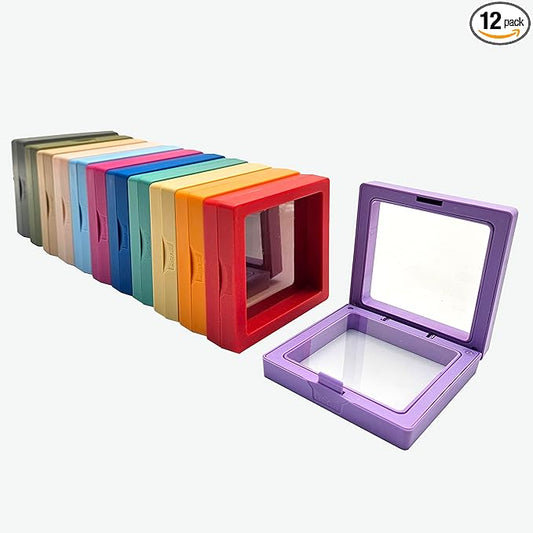 12PCS 3D Floating Frame Display Stand, Jewelry Box, Gift Box, Ornament Organizer, Small Travel Jewelry Box, PE Film Anti-Oxidation, Suspended Display Box Stackable (Multicolour, 2.75 * 2.75)