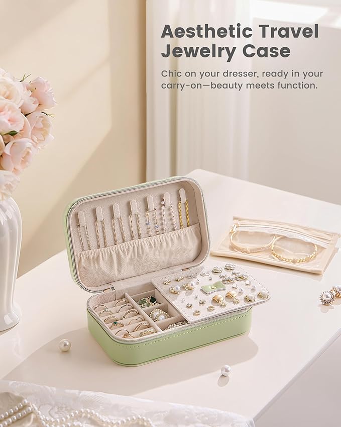 Lolalet Travel Jewelry Case for Women Girls, PU Leather Jewelry Organizer with Clear Storage Bag Small Portable Jewelry Box for Necklace Bracelet Earring Ring Mothers Day Birthday Gifts -Medium/Green