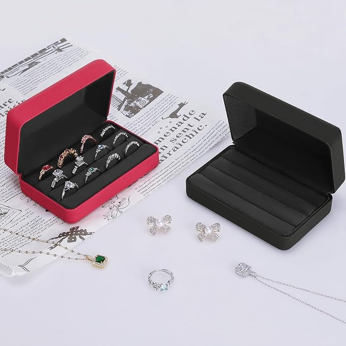 KUKUVR Velet Ring Storage Box, Travel Jewelry Case with 3 Slot Ring Display Organizer (Black)