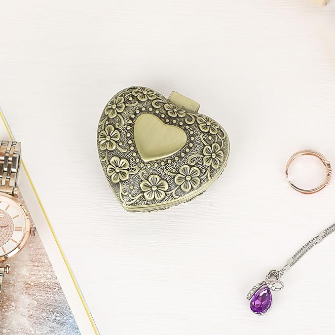 Hipiwe Vintage Heart Shape Jewelry Box - Small Antique Ring/Earrings/Necklace Storage Organizer Case, Metal Treasure Chest Trinket Keepsake Gift Box for Women,Bronze