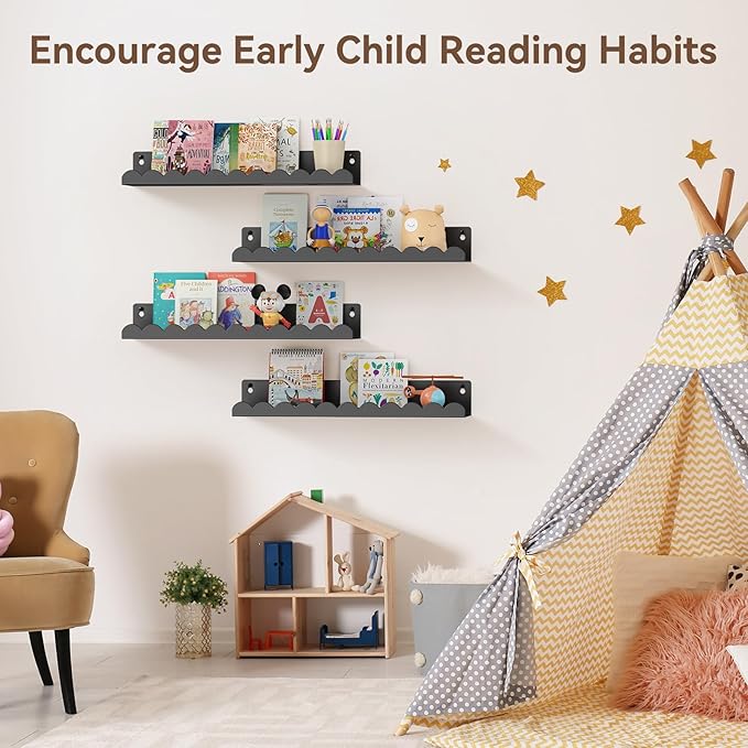 Nursery Book Shelves, 17 Inch Metal Floating Shelves for Wall 4 Pack, Scalloped Shelves, Wall Mounted Book Shelf for Kids Bedroom, Baby Room, Nursery Decor （Black）