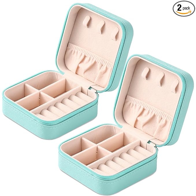Neveika Portable Travel Mini Jewelry Box Leather Jewellery Ring Organizer Case Storage Gift Box Girls Women (bluex2).