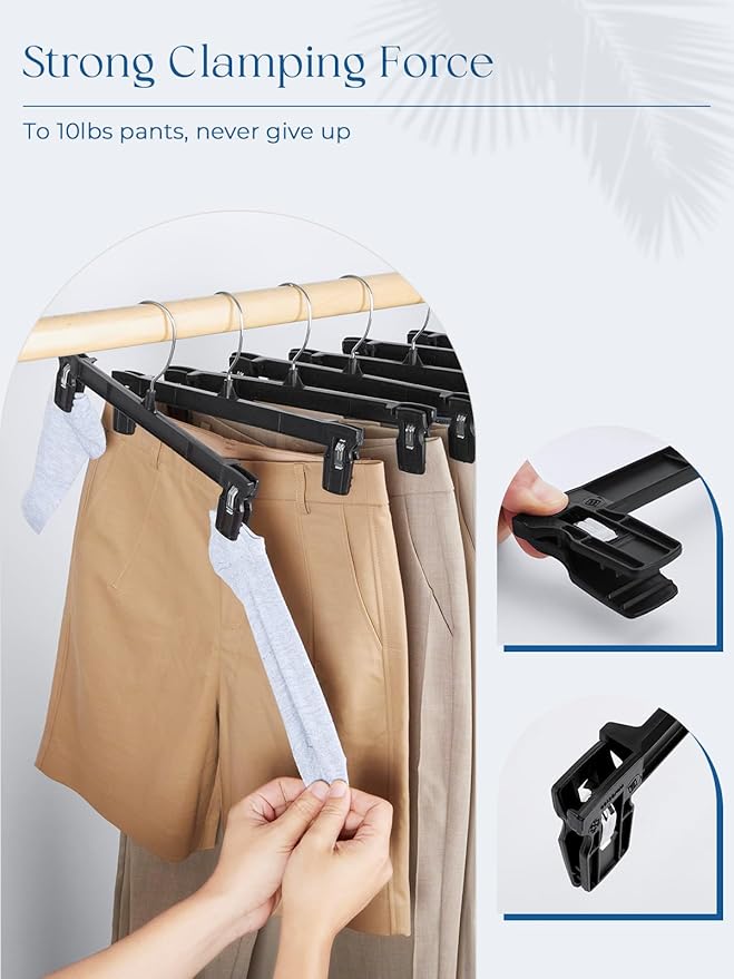 Smartor Pants Hangers - 30 Pack, Plastic Pant Hanger with Non-Slip Big Clips, Bottom Hangers for Men with Rotatable Chrome Hook, Shorts Hanger for Women Strong Clamp Pant Organizer (10 Inch, Black)