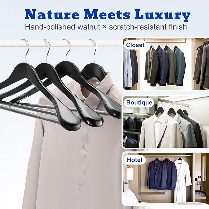 HOUSE DAY Wood Suit Hangers for Men 24 Pack, Smooth Wide Shoulder Wooden Hangers with Non Slip Pant Holder, Wide Hangers for Suits, Coats, Jackets, Heavy Wide Clothes Hanger, Black