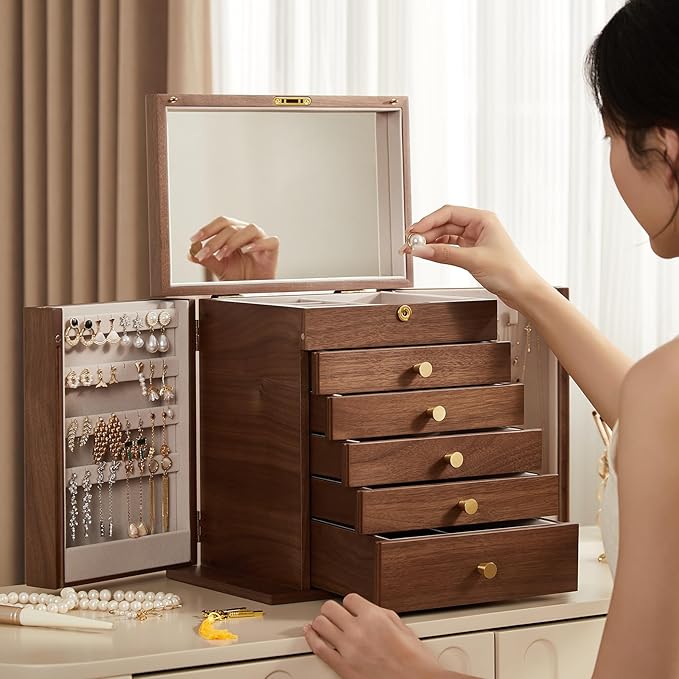CHOSIN Black Walnut Wooden Jewelry Box, 6-Layer Lockable Wood Jewelry Organizer with Mirror, Side Doors & Brass Handle, Classical Design for Rings, Necklaces, Earrings, Mothers Day Gifts for Mom