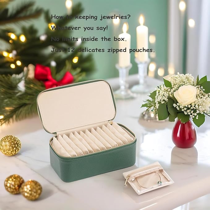 VLANDO Travel Jewelry Box Organizer – Portable PU Leather Jewelry Case with 6/8/12 Zippered Pouches, Compact Storage for Earrings Rings Necklaces Bracelets, Dark Green