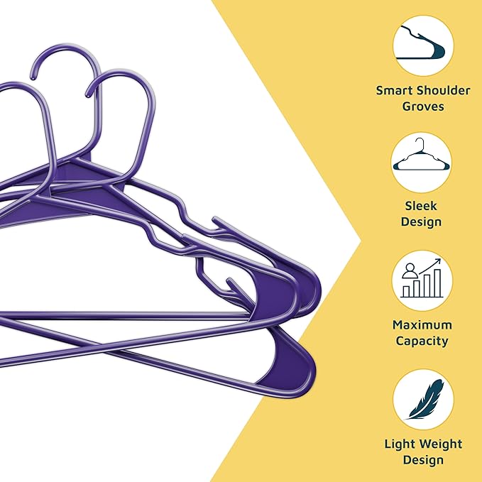 Lifemaster Plastic Clothes Hangers – Heavy Duty Hanger Set, for Organizing Clothes, Dresses, and Coat, Holds Up to 5 lbs, Space-Saving Hangers with Non-Slip Shoulder Grooves, Pack of 30, Purple