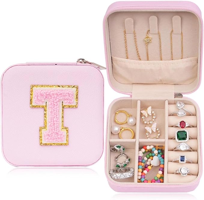 ETHOON Jewelry Travel Case Small Organizer Stocking Box Personalized Gifts Teenage Jewelry Accessories Holiday Wedding Christmas Gift for Women Pink, Letter T