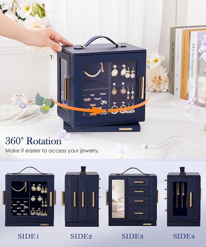 Homde Mothers Day Gifts Jewelry Box for Women Large: Rotating Organizer for Ring Earring Necklace Bracelet - 7 Drawers Storage for Dresser (Dark Blue)