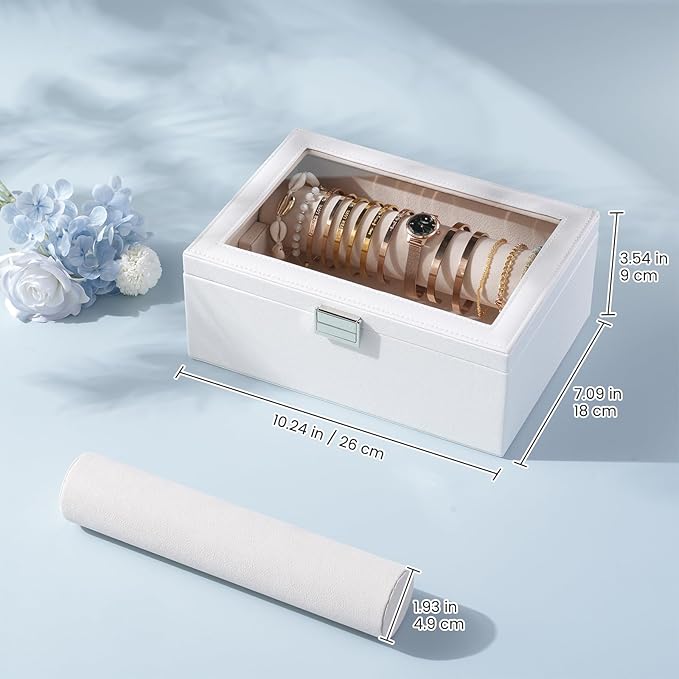 Lolalet Bracelet Display Holder with Rods for Bangles Watches, Clear Lid Jewelry Organizer Box Storage Case for Mothers Day Gifts -White, 2 Rolls