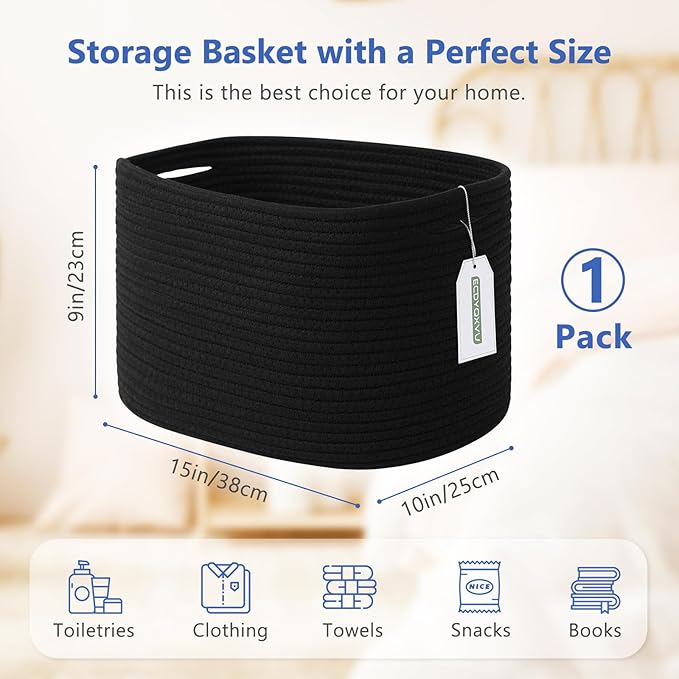 ECDYQXVU Cotton Rope Storage Basket, 15x10x9 Inches, Woven Basket for Shelves, Clothes, Towels, Books, and Laundry, Black (1 Pack)