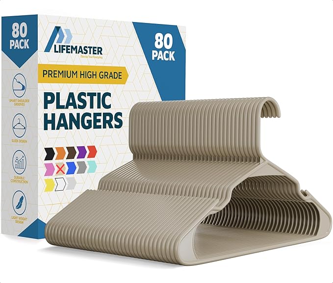 Lifemaster Plastic Clothes Hangers – Heavy Duty Hanger Set, for Organizing Clothes, Dresses, and Coat, Holds Up to 5 lbs, Space-Saving Hangers with Non-Slip Shoulder Grooves, Pack of 80, Ivory