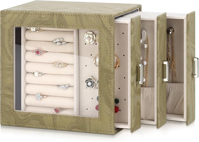 DesignSter Jewelry Box Organizer, Jewelry Box for Women, PU Jewelry Organizer Display Case with Side Drawers, Jewelry Storage for Earring Necklace Ring Bracelet Watch