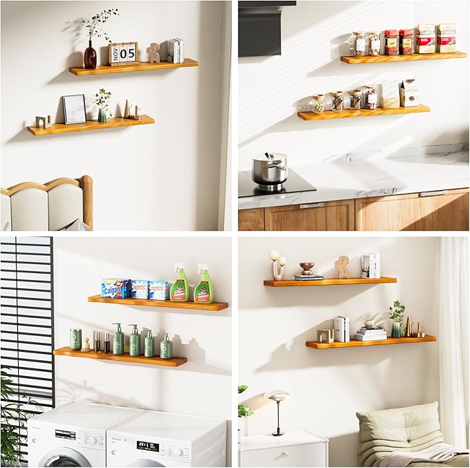Floating Shelves for Wall Rustic Farmhouse 36 Inch Floating Shelf Bathroom Wooden Shelves for Wall Mounted Live Edge Pine Shelf with Unique Natural Grain for Bedroom Kitchen (Honey Walnut)