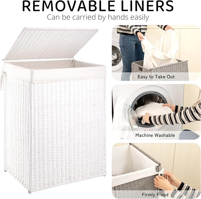 OIAHOMY Laundry Hamper with Lid, 90L(23.8 Gal) Large Wicker Laundry Basket for Bedroom, Handwoven Paper Rope Clothes Hamper with Washable Liner & Metal Frame, Decorative Organizer for Bathroom White