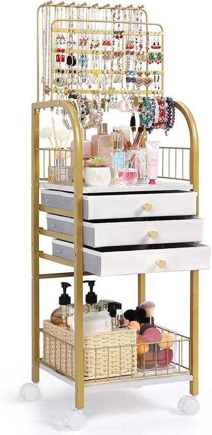 Keebofly Large Jewelry Organizer Stand with 3 Box Drawer - Necklace Organizer Earring Storage Armoire Holder with Display for Earring Necklace Ring Bracelet Gold