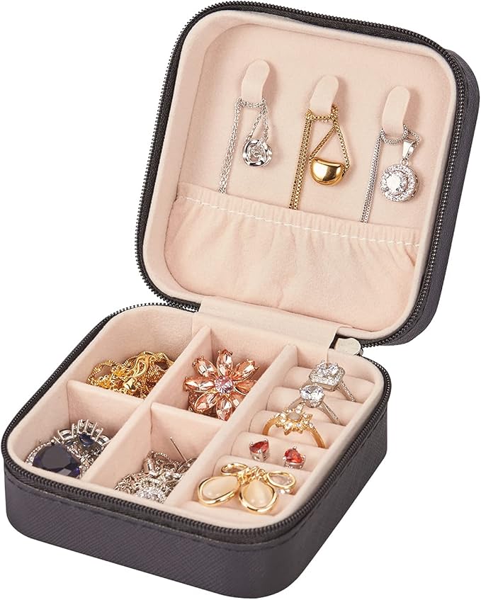 PU Leather Small Jewelry Box, Travel Portable Jewelry Case for Ring, Pendant, Earring, Necklace, Bracelet Organizer Storage Holder Boxes (Black)
