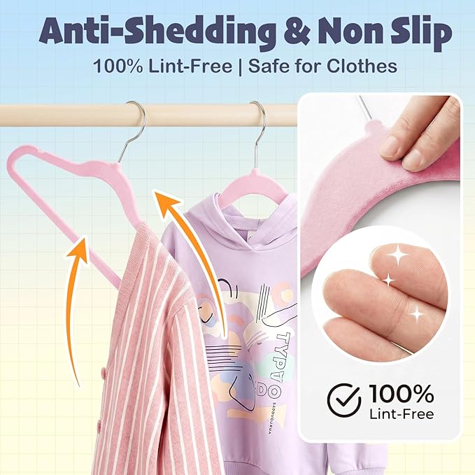 HOUSE DAY 14 Inch Kids Velvet Hangers 50 Pack, Durable Big Kids Hangers, Non Slip Kid Felt Hanger for Youth, Cute Childrens Hanger for Closet, Pink