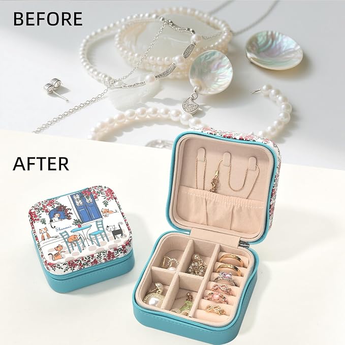 shunmei Mini Travel Jewelry Box,PU Leather Portable Jewelry Organizer Case,Art Accessories Storage Holder Boxes for Earring, Necklace, Rings, Bracelets (Six Cats)