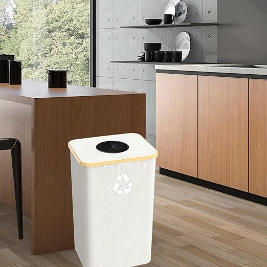 Recycling Bin for Kitchen Indoor Home,Beige Color Large 100L/ 26 Gallon Recycle Bin with Lid Removeable Reusable Inner Bag Bottle Can Glass Waste Plastice Stickers