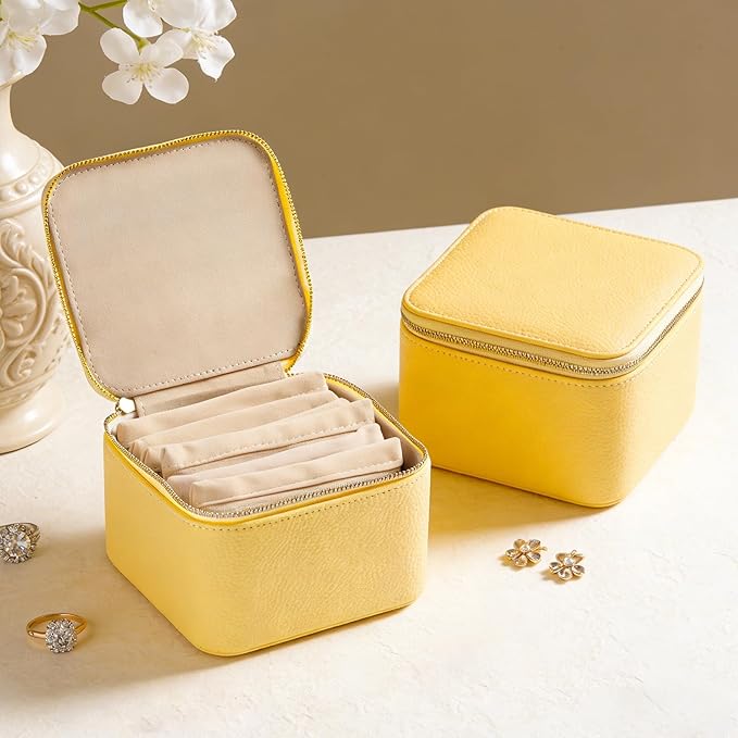 Travel Jewelry Organizer, Travel Jewelry Box with 6 Velvet Zipped Pouches Bags for Jewelries Necklaces Rings Earrings Sorting Storage for Women Girl Gifts, Butter Yellow