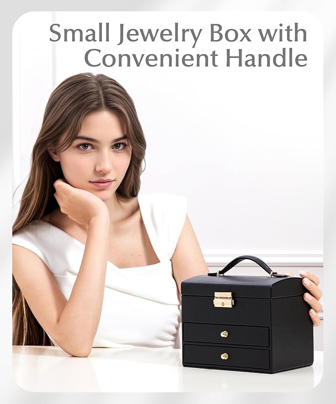 Homde Mothers Day Gifts Small Girls Jewelry Box with Lock: 3 Layer Organizer with Removable Tray - Storage for Ring Necklace Earring - Birthday & Return Gifts for Young Women (Graphite Black)