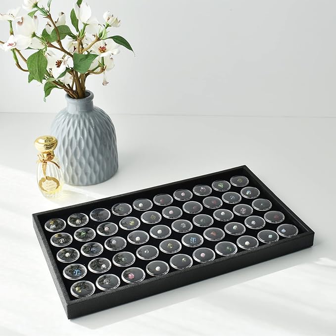 Ikee Design Black Foam Gem Jars Showcase Stackable Display Tray for Collectibles, Home Organization Storage Box with 50 Gemstones and Bead Storage Jars