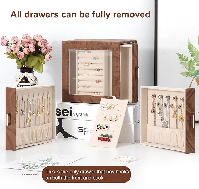 DesignSter Jewelry Box Organizer, Jewelry Box for Women, PU Jewelry Organizer Display Case with Side Drawers, Jewelry Storage for Earring Necklace Ring Bracelet Watch