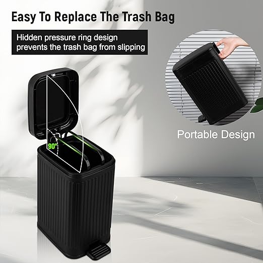 rejomiik Small Bathroom Trash Can with Lid Slim Soft Close Garbage Can Step Wastebasket Container Trash Bin for Office Bedroom Kitchen Living Room (1.9 Gallon Black)