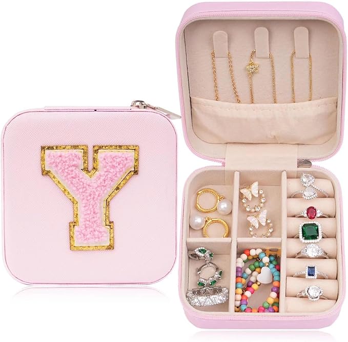 ETHOON Jewelry Travel Case Small Organizer Stocking Box Personalized Gifts Teenage Jewelry Accessories Holiday Wedding Christmas Gift for Women Pink, Letter Y