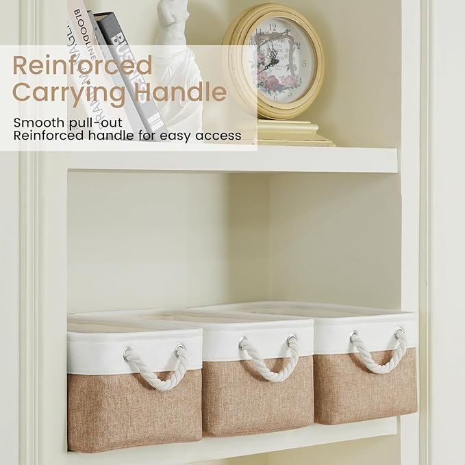 Storage Baskets for Shelves 13.8x9.8x6.7 Inch, Foldable Fabric Storage Bins with Handles, Small Storage Baskets for Organizing Closet, Office, Home Organization (6-Pack, White&Khaki)