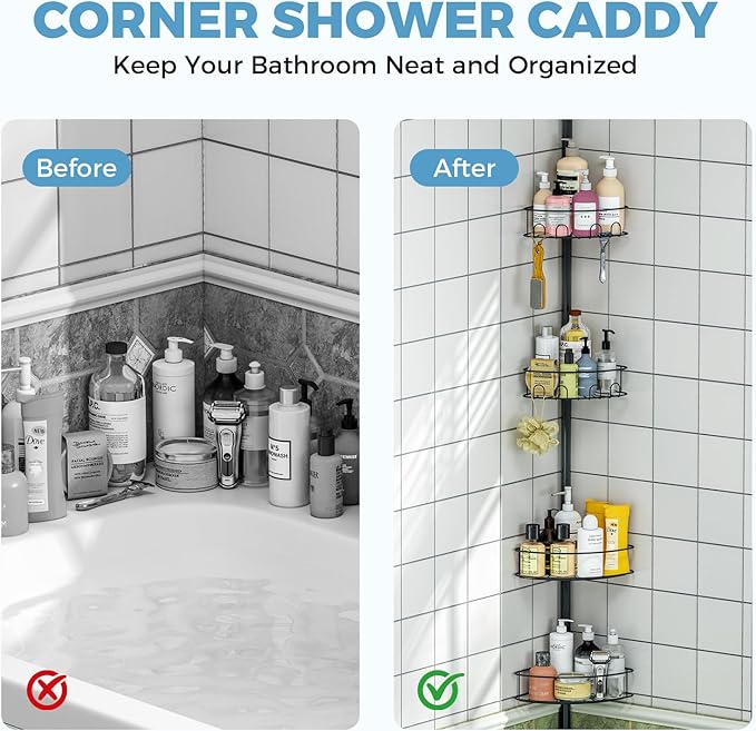 Corner Shower Caddy Tension Pole，4 Tier Adjustable Bathroom Organizer Shelves，Inside Shower Storage With Hidden Hook & Towel Holder,63.7-119 Inch No-Drill Quick Installation Shower Rack,Black