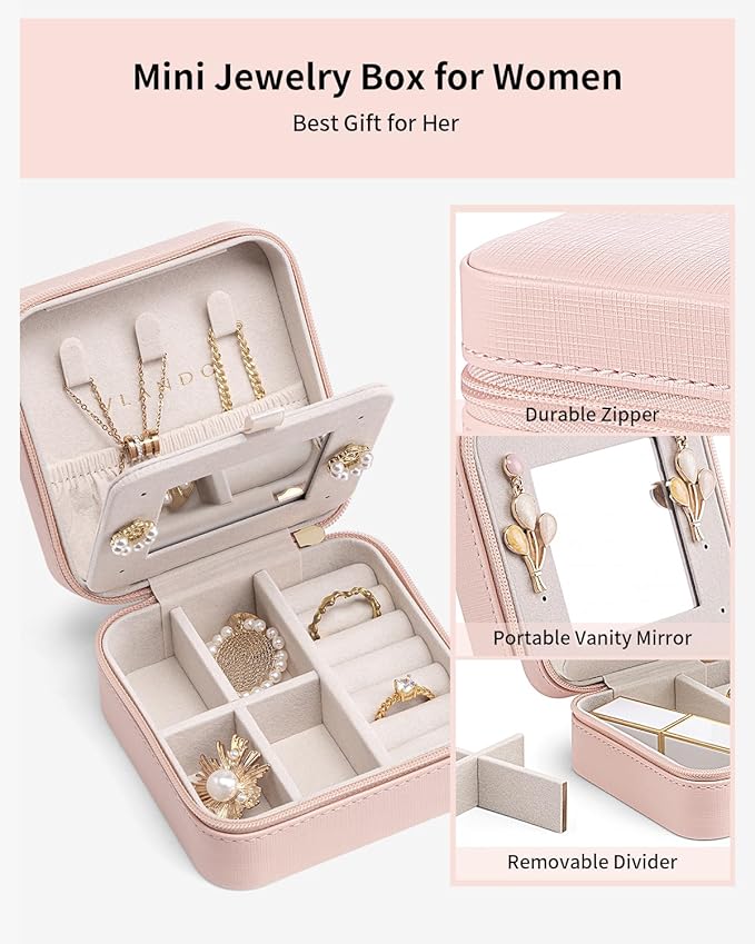 VLANDO Valentines Day Gifts - Small Travel Jewelry Box Organizer -Jewelry Display Case for Girls Women Bridesmaid Gift Rings Earrings Necklaces Storage with Mirror Pink