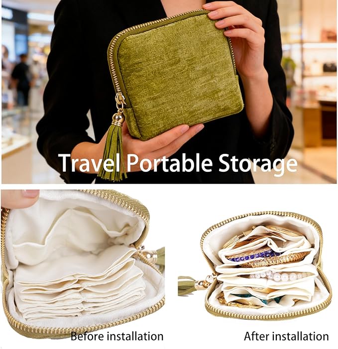 ASINGYER Travel Jewelry Storage Bag for Women, Velvet Portable Jewelry Organizer with Tassel Zipper, Small Pouches for Bracelets Necklaces Rings Earrings, Wedding Gift for Women (Green)