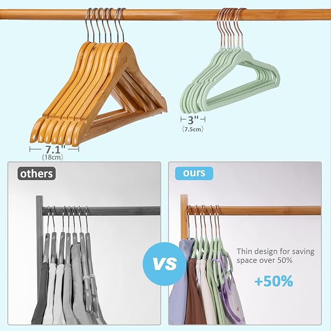 Tonswachic Baby Hangers 11 Inch, 50 Pack Velvet Baby Clothes Hangers Non-Slip Ultra-Slim Children Hangers with 10 Clips for Infant Toddler Newborn, Space-Saving Closet Organization - Green