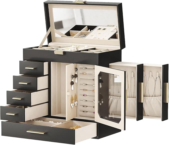 HOOBRO Jewelry Box with Mirror, Jewelry Organizer Box with Capacious Storage Space, Jewelry Holder Organizer, Hand-Held Jewelry Case, Glass Cover, Modern Style, Black and Light Gold BK06JB04G1