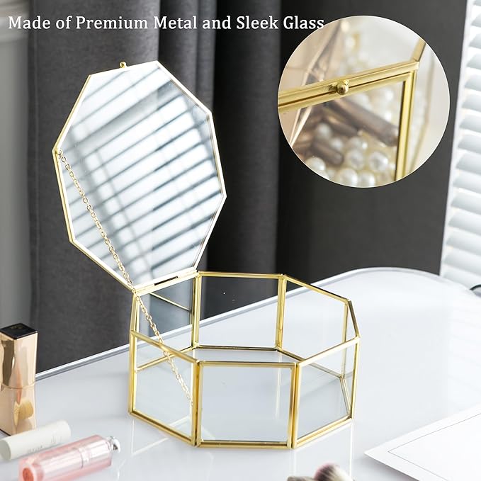Glass Vintage Jewelry Box, Geometric Jewelry Display Organizer Box Vanity Lidded Box Home Decor Accent Decorative Box for Storage Trinket Rings Bracelet