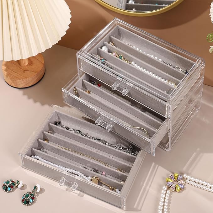 CLUQMEIK Necklace Organizer Box, Tray with Clear Lid, Dustproof Velvet Necklaces Holder Storage Display Case, Necklace Tray Drawer Insert for Pendant Suitable for Women and Girls (Grey)