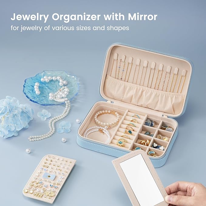 Lolalet Travel Jewelry Case for Women Girls, Travel Jewelry Organizer Box with Mirror & Clear Storage Bag, Small Portable Earring Necklace Bracelet Ring Case, Birthday Valentine Gifts -Medium, Blue