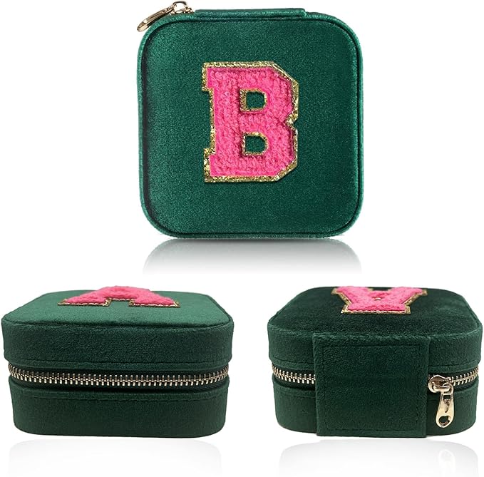 Personalized Velvet Travel Jewelry Case Box For Women Ring Necklace Earring Holder Organizer with Mirror Green Girls Box Birthday Gifts Mom Initial B