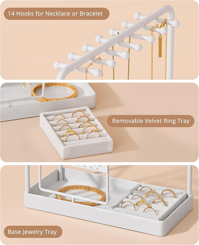 ProCase Jewelry Stand Holder Organizer, Jewelry Display Storage with Ring Tray, Rotating Earring Bracelet Necklace Holder, Valentine's Gifts Room Dorm Decor for Teen Girls -White (No-Assembly)
