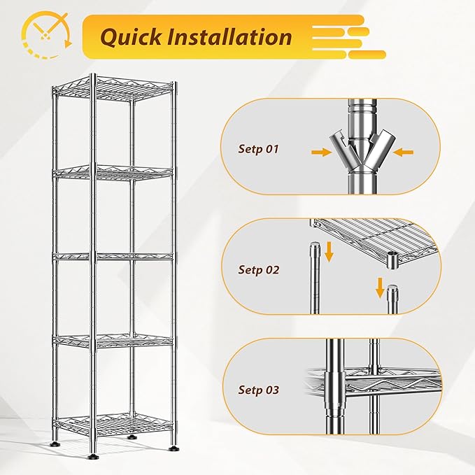 DurayLoly 5 Shelf-Wire Shelving Metal Shelves Storage Rack:Adjustable Storage Shelves Standing Shelf Units and Narrow Shelf for Laundry Bathroom Kitchen Pantry Closet Office 12''Wx12''Dx49''H Chrome